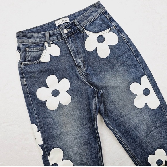 Angel Kiss Denim - Angel Kiss Blue Jeans with White Floral
Pattern
